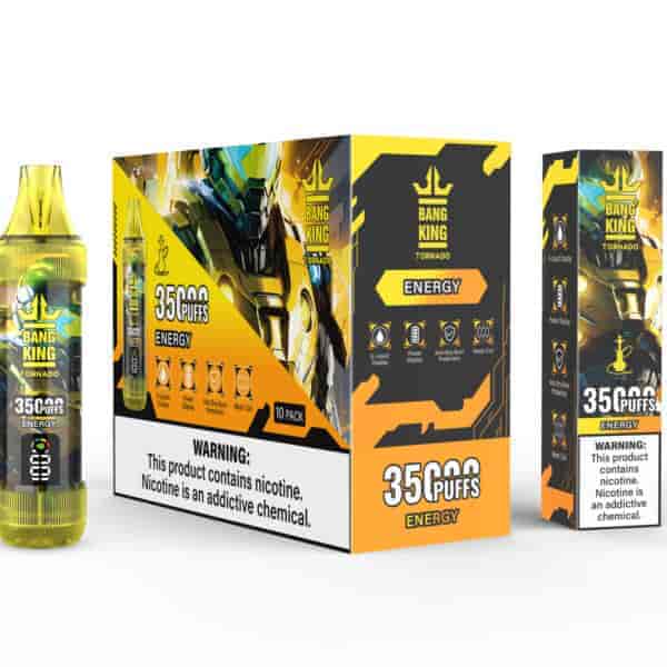Bang King Tornado Energy disposable vape packaging and device, featuring black, yellow, and orange design elements with a metallic robot illustration, bold branding, and warnings about nicotine content and its addictive nature.