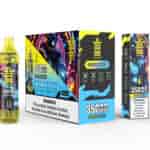 Bang King Tornado Lemon Mint disposable vape packaging and device, featuring bold yellow and blue graphics, a futuristic robotic figure, and a nicotine warning label stating 'This product contains nicotine. Nicotine is an addictive chemical.'