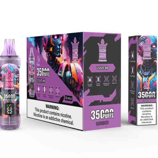 Bang King Tornado Love 66 disposable vape packaging and device with vibrant robotic artwork, 35000 puffs label, and a nicotine addiction warning.