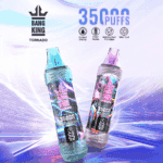 Two colorful Bang King Tornado disposable vapes, with labels indicating 3500 puffs and flavors 'Blue Razz Ice' and 'Love 66', displayed on a vibrant purple and blue abstract background with product features and branding.