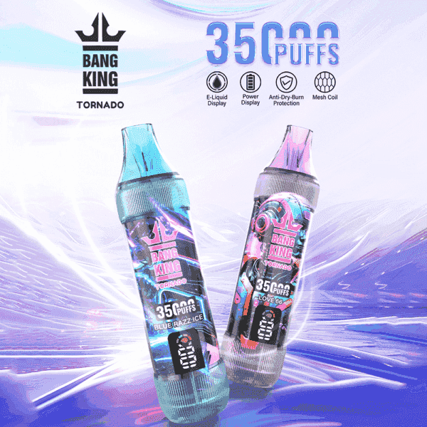 Two colorful Bang King Tornado disposable vapes, with labels indicating 3500 puffs and flavors 'Blue Razz Ice' and 'Love 66', displayed on a vibrant purple and blue abstract background with product features and branding.