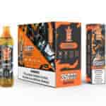 Three Bang King Tornado vape products in peach ice flavor, including a yellow-tinted vape device, a large 10-pack box, and an individual box, all featuring orange and black futuristic robot-themed packaging and nicotine warning labels.