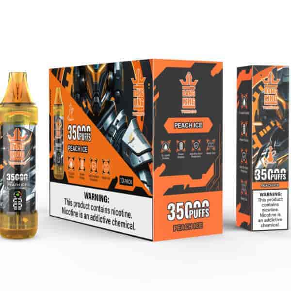 Three Bang King Tornado vape products in peach ice flavor, including a yellow-tinted vape device, a large 10-pack box, and an individual box, all featuring orange and black futuristic robot-themed packaging and nicotine warning labels.
