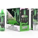 Bang King Tornado Strawberry Kiwi disposable vape packaging showing a green and black bottle, a 10-pack box, and detailed features like 35,000 puffs, e-liquid and power display, anti-dry burn protection, mesh coil, and nicotine warning labels.