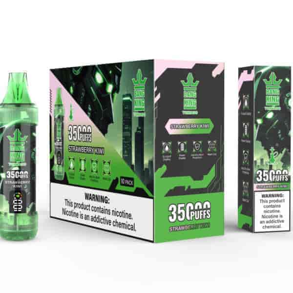 Bang King Tornado Strawberry Kiwi disposable vape packaging showing a green and black bottle, a 10-pack box, and detailed features like 35,000 puffs, e-liquid and power display, anti-dry burn protection, mesh coil, and nicotine warning labels.