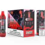 Bang King Tornado Strawberry Watermelon vape packaging and bottle featuring a robotic design, 35,000 puffs label, flavor information, and nicotine warning prominently displayed.