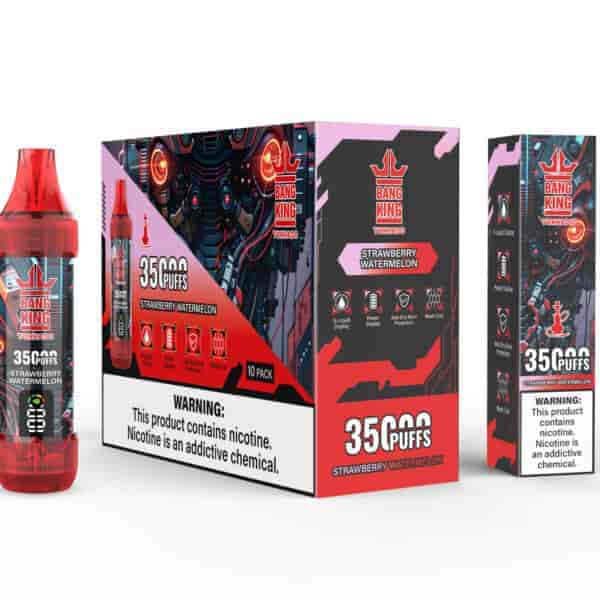 Bang King Tornado Strawberry Watermelon vape packaging and bottle featuring a robotic design, 35,000 puffs label, flavor information, and nicotine warning prominently displayed.