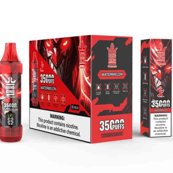 Bang King Tornado Watermelon vape packaging and device, showing red and black branding with a robotic face design, product features, and a nicotine warning label.
