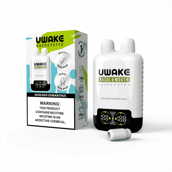UWake Nasal & Mouth 30000 puffs vape device and packaging in avocado osmanthus flavor, showing dual inhalation modes, digital display, Type-C charging and a nicotine warning label.