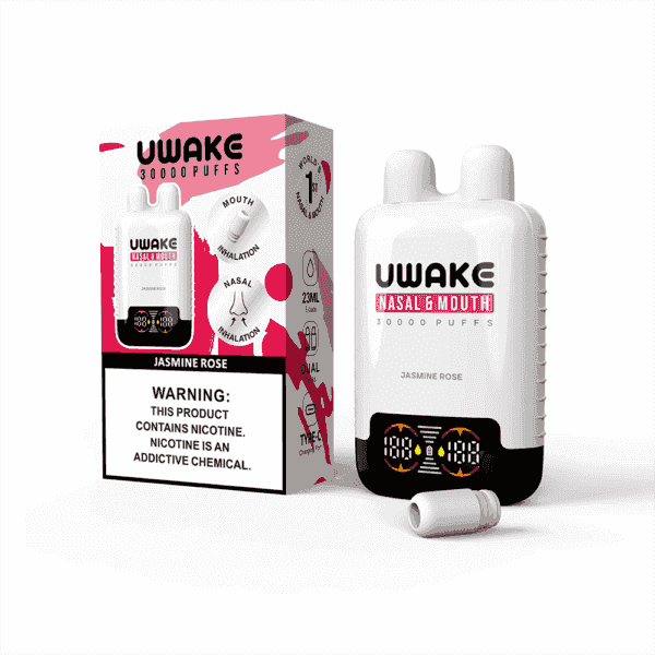 UWake Nasal & Mouth 30000 puffs vape device and packaging labeled Jasmine Rose, featuring a dual inhalation mouth and nasal option and a nicotine addiction warning.
