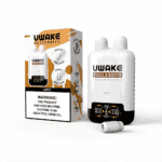 UWake Nasal & Mouth disposable vape device and packaging for latte flavor, featuring dual inhalation options, 30,000 puffs, nicotine warning label, and a Type-C charging port.