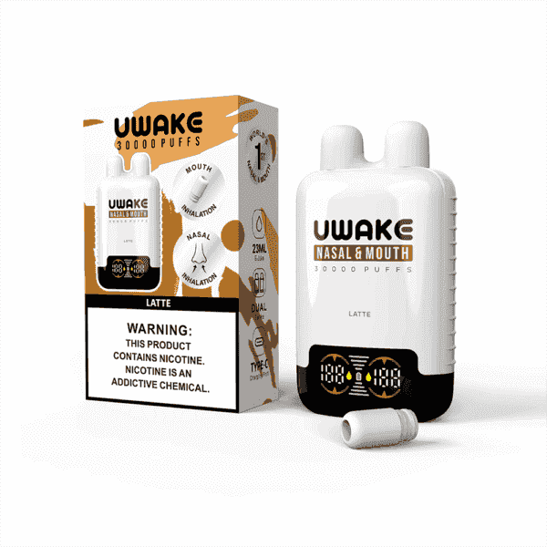 UWake Nasal & Mouth disposable vape device and packaging for latte flavor, featuring dual inhalation options, 30,000 puffs, nicotine warning label, and a Type-C charging port.
