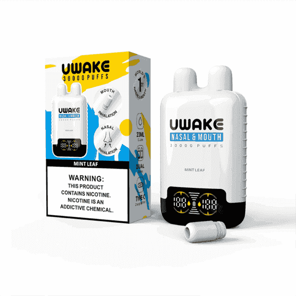 UWAKE Mint Leaf disposable vape device and its packaging, highlighting features like 30,000 puffs, nasal and mouth inhalation options, and a nicotine warning label.