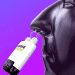 Stylized illustration of a person inhaling vapor from a dual-nozzle vape device labeled 'AWAKE NASAL & MOUTH' against a purple background.