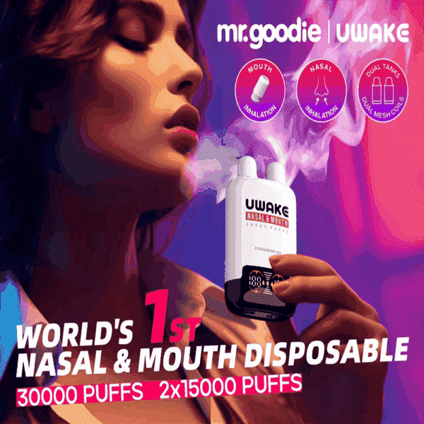 Hand holding a UWAKE nasal and mouth disposable vaping device releasing vapor, with product branding, usage information and features highlighted on a vibrant purple background.