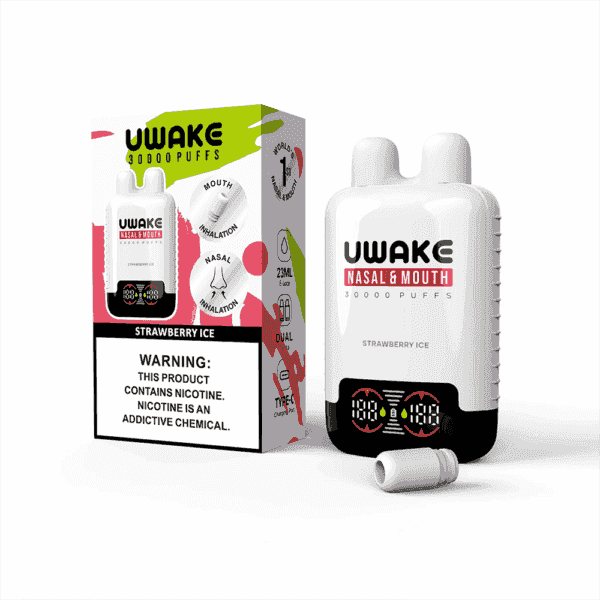 UWake Nasal & Mouth 30000 puffs disposable vape device and its packaging, labeled Strawberry Ice flavor, with a warning about nicotine content and usage options for nasal or mouth inhalation.
