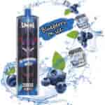Colorful vape device labeled 'Uwin Blueberry on Ice 20000 Puffs' surrounded by splashing water, fresh blueberries, green leaves, and ice cubes, with the flavor name 'Blueberry on ice' in scripted text.