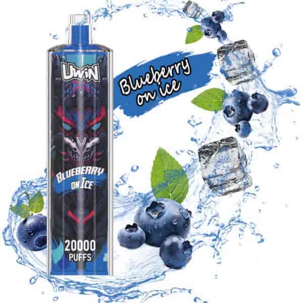 Colorful vape device labeled 'Uwin Blueberry on Ice 20000 Puffs' surrounded by splashing water, fresh blueberries, green leaves, and ice cubes, with the flavor name 'Blueberry on ice' in scripted text.