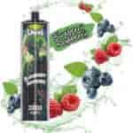 UWIN vape device with blueberry raspberry flavor, featuring illustrated packaging with a skeleton and surrounded by splashing blueberries and raspberries, labeled for 20,000 puffs.
