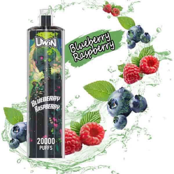 UWIN vape device with blueberry raspberry flavor, featuring illustrated packaging with a skeleton and surrounded by splashing blueberries and raspberries, labeled for 20,000 puffs.