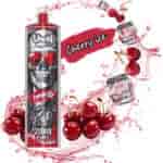 A vape device with a skull design and red sunglasses labeled 'Cherry Ice' and '20,000 puffs', surrounded by splashing cherry juice, fresh cherries, ice cubes, and the text 'Cherry ice' in a bold script.