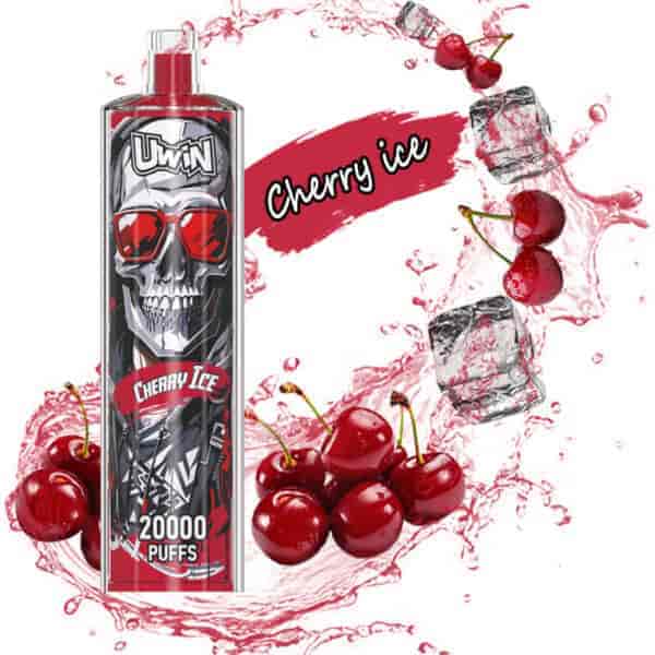 A vape device with a skull design and red sunglasses labeled 'Cherry Ice' and '20,000 puffs', surrounded by splashing cherry juice, fresh cherries, ice cubes, and the text 'Cherry ice' in a bold script.