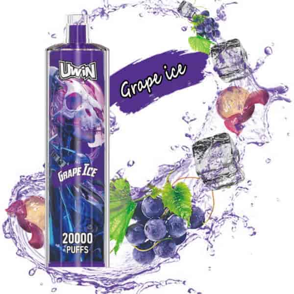 Uwin Grape Ice vape with 20,000 puffs, featuring a purple design with a skull graphic, surrounded by splashes, ice cubes, grapes, and the text 'Grape ice.'