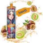 Colorful Love 66-flavored vape device labeled 'UWIN' with illustrated characters, surrounded by splashes, honeydew melon, and passion fruit images.