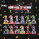Assorted Uwin Shisha Hookah Crystal 20000 disposable vapes in various colorful flavors with fruit and ice imagery on a dark background, highlighting features such as Type-C charging, 650mAh battery, 22ml capacity, and multiple nicotine levels.