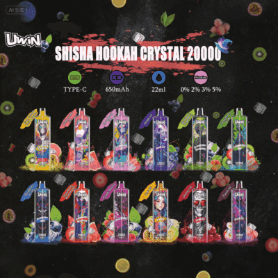 Diverse Uwin Shisha Hookah Crystal 20000 engångsvapor i olika färgglada smaker med frukt- och isbilder på en mörk bakgrund, som framhäver funktioner som Type-C-laddning, 650 mAh batteri, 22 ml kapacitet och flera nikotinnivåer.