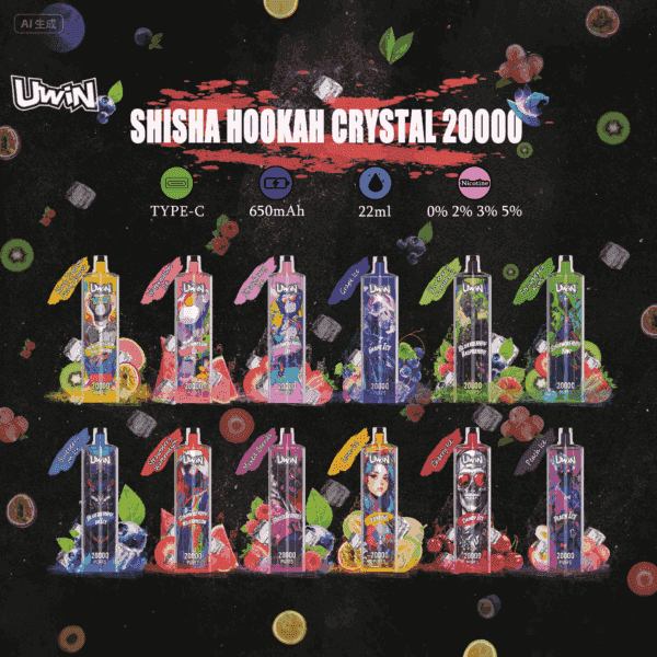 Assorted Uwin Shisha Hookah Crystal 20000 disposable vapes in various colorful flavors with fruit and ice imagery on a dark background, highlighting features such as Type-C charging, 650mAh battery, 22ml capacity, and multiple nicotine levels.