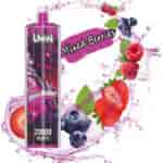 Uwin Mixed Berries vape device featuring 20,000 puffs, surrounded by vibrant strawberries, blueberries, raspberries, and juice splashes.