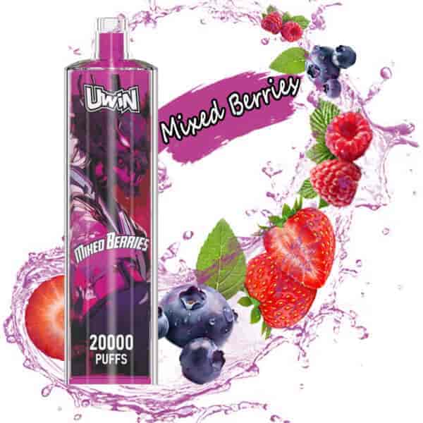 Uwin Mixed Berries vape device featuring 20,000 puffs, surrounded by vibrant strawberries, blueberries, raspberries, and juice splashes.