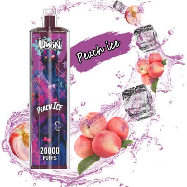 UWIN Peach Ice flavored vape with 20,000 puffs displayed next to splashing water, ice cubes, and fresh peaches against a white background.