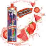 Uwin vape device featuring a colorful superhero design promoting strawberry watermelon flavor with images of strawberries, watermelon slices, and splashing juice, labeled with 20,000 puffs.