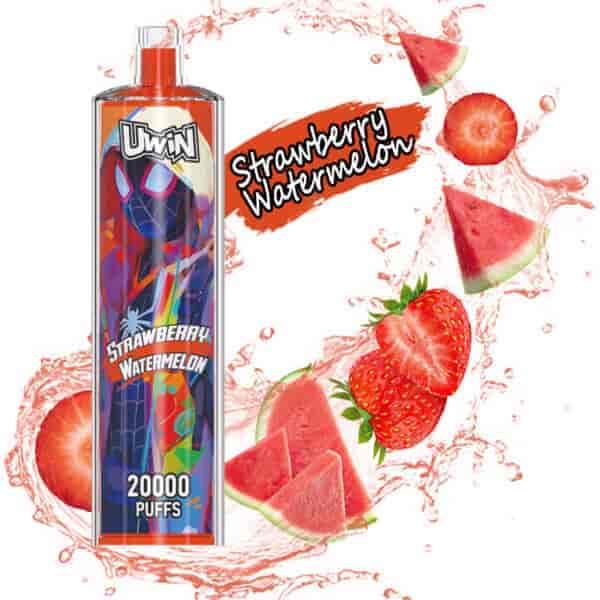Uwin vape device featuring a colorful superhero design promoting strawberry watermelon flavor with images of strawberries, watermelon slices, and splashing juice, labeled with 20,000 puffs.