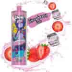 Colorful vape device labeled 'UWIN Strawberry Ice 20000 Puffs' featuring a graphic of a monkey in sunglasses, surrounded by strawberries, ice cubes, and pink splashes, with 'Strawberry Ice' text in the background.
