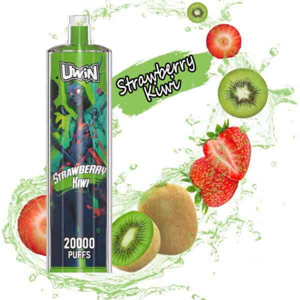 UWIN Strawberry Kiwi vape device with 20,000 puffs, surrounded by splashing liquid, sliced strawberries, and kiwis.