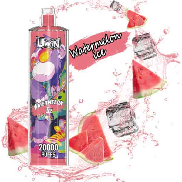 Colorful vape device labeled 'Uwin Watermelon Ice 20000 Puffs' with a cartoon gorilla design, surrounded by watermelon slices, ice cubes, and splashes of pink liquid on a white background.