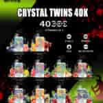 Promotional image for UWIN Crystal Twins 40K disposable vape, showing multiple vape devices with different fruit-themed flavors, features like 40,000 puffs, dual flavors, 850mAh battery, 32ml capacity, Type-C charging, and nicotine levels from 0% to 5%.