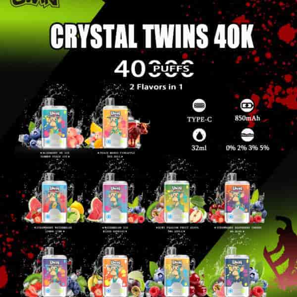 Promotional image for UWIN Crystal Twins 40K disposable vape, showing multiple vape devices with different fruit-themed flavors, features like 40,000 puffs, dual flavors, 850mAh battery, 32ml capacity, Type-C charging, and nicotine levels from 0% to 5%.