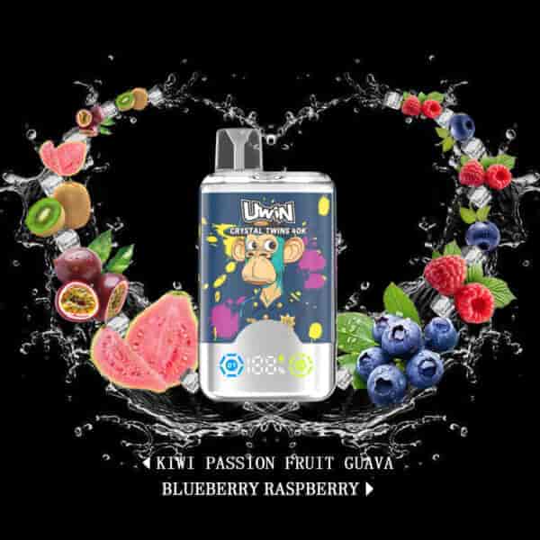 UWIN Crystal Twins 40K vape device featuring a cartoon monkey on the label, surrounded by splashes of water, ice cubes, and assorted fruits including kiwi, passion fruit, guava, blueberry, and raspberry on a black background, with flavor names listed below.
