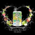 Vape device with a cartoon monkey on the label, surrounded by splashes of water and an arc of assorted fruits including kiwi, guava, passion fruit, and apples, with text indicating flavors kiwi passion fruit guava and two apple.