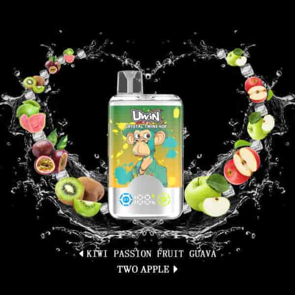 Vape device with a cartoon monkey on the label, surrounded by splashes of water and an arc of assorted fruits including kiwi, guava, passion fruit, and apples, with text indicating flavors kiwi passion fruit guava and two apple.