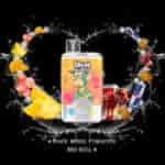 Colorful vape device with a cartoon monkey design, surrounded by splashing water, peach, mango, pineapple, and Red Bull energy drink images, labeled with the flavors peach, mango, pineapple, and Red Bull.