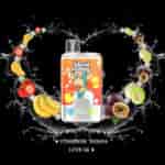 UWIN Crystal Twins 40K vape with cartoon monkey design in lab coat, surrounded by a heart-shaped splash of water with strawberries, bananas, passion fruits, and melons, on a black background; text below reads 'STRAWBERR BANANA LOVE 66'.
