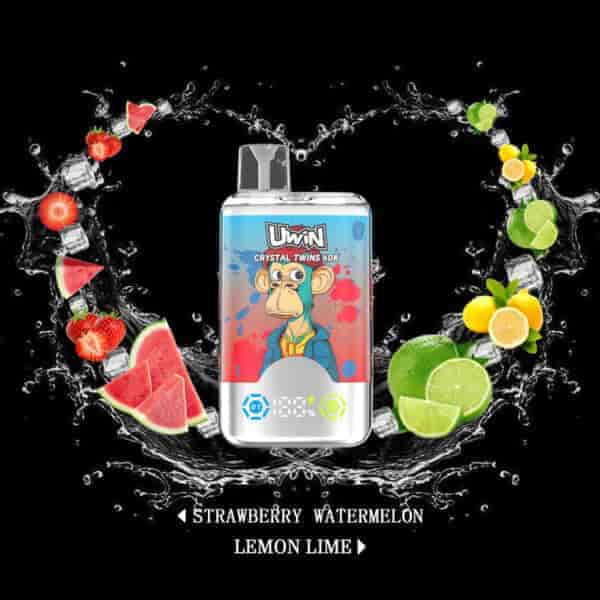 Uwin Crystal Twins 40K vape device with cartoon monkey artwork, surrounded by splashes of water, ice cubes, strawberries, watermelon, lemon, and lime, highlighting strawberry watermelon and lemon lime flavors on a black background.