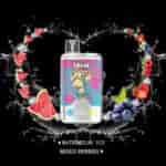Colorful vape device with a cartoon monkey on the label, surrounded by splashes of water, watermelon slices, and assorted berries, with text indicating flavors: watermelon ice and mixed berries.
