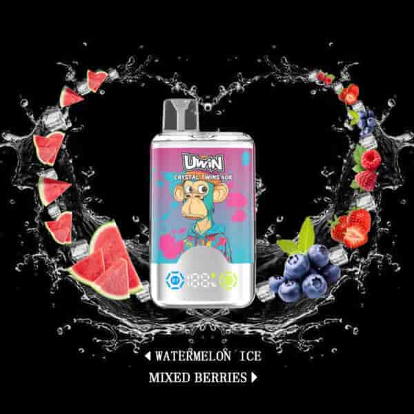 Colorful vape device with a cartoon monkey on the label, surrounded by splashes of water, watermelon slices, and assorted berries, with text indicating flavors: watermelon ice and mixed berries.
