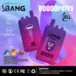 Promotional image for SBANG Bang Leader vape devices featuring a gradient purple and pink design, highlighting attributes like 80,000 puffs, type-C charging, dual mesh, and three flavor options including blueberry ice, strawberry and banana, and mixed berries, with warning text about nicotine.